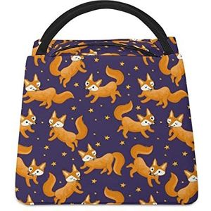 Leuke vossen op nachtelijke hemel met sterren grappige lunchtas geïsoleerde lunchbox lekvrije koeltas draagtas handtas cadeau voor vrouwen moeder mannen