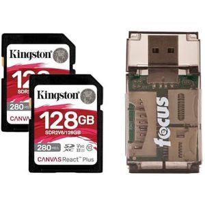 Kingston Canvas React Plus V60 UHS-II 128 GB SD-geheugenkaart met 280 MB voor Second Read Speed (2-pack) bundel met Card Reader (3 items)