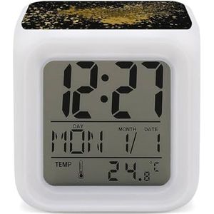 Gouden Verf Splash Splatter En Blob Glanzende Digitale Wekker voor Slaapkamer Datum Kalender Temperatuur 7 Kleuren LED Display