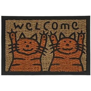 Relaxdays deurmat kokos en rubber, met katten, 60 x 40 cm, met opschrift 'welcome', voor binnen en buiten, oranje/natuur