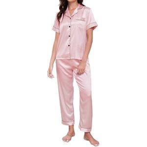 ReliWel Damespyjama-sets zijden pyjama voor dames met korte mouwen top lange broek twee stuks button down zijden pyjama dames bruidsmeisje comfortabele nachtkleding loungewear nachtkleding S-XL, roze,