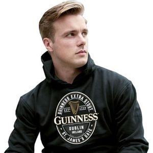 Guinness Label Hoodie Zwart Kangoeroezakje zak trekkoord capuchon 100% katoen met St. James Gate en logo ontwerp voor mannen, Zwart, XL