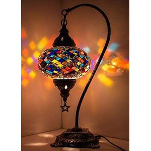 DEMMEX Prachtige Turkse Marokkaanse Mozaïek Tafellamp met Big Size Globe, Zwanenhals Boho Exotische Kleurrijke Mozaïek Glas Bedlampje Lampenkap, Handgemaakt (Multicolor)