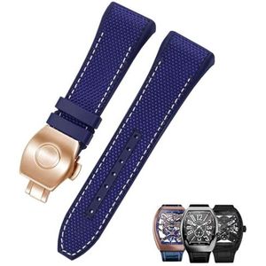 hoosouk Nylon lederen horlogeband Horlogeband voor Franck Muller V45-serie horlogeband met vouwgesp(Blue white-rosegold)