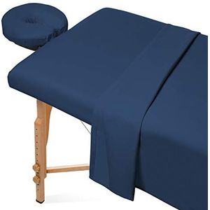Saloniture 3-delige microvezel massagetafellakenset - premium gezichtsbedhoes - inclusief platte en hoeslakens met gezichtshouder cover - marineblauw