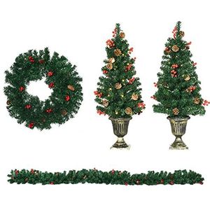HOMCOM 4-delige set kerstversieringen, voordeurdecoratie, kerstdecoratieset met LED-verlichting, inclusief 2 kerstbomen, 1 kerstkrans, 1 kerstslinger