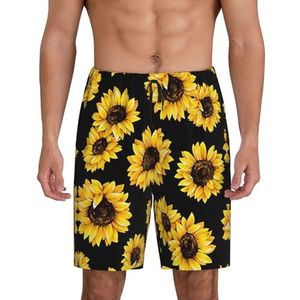 Heren zonnebloem.. Print Lounge Shorts Pyjama Bottoms Nachtkleding Shorts Kerst Shorts Losse Sportbroek, Zwart, L