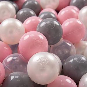 KiddyMoon 50 ∅ 7cm kinderballen speelballen voor ballenbad baby plastic ballen made in eu, parel/grijs/transparant/poederroze
