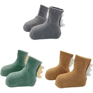 FedMois 3 paar Baby winter sokken met anti slip grip jongens meisjes dikke thermische sokken 3D dinosaurus, Bruin, grijs en groen, 0-1 jaar