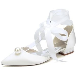 EICOFF Dames Puntige Teen Flats Pumps Vrouwen Lage Hak Parel Satijnen Sandalen Slip-op Bruiloft Bruids Feest Jurk Werkschoenen,ivoor,36 EU