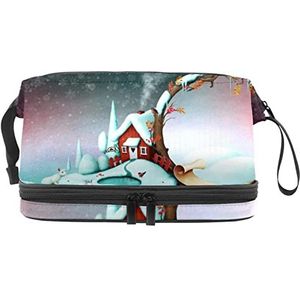 Grote capaciteit reizen cosmetische tas,Make-up tas,Waterdichte make-up tas Organizer, Kerst Winter Huizen Konijn, Meerkleurig, 27x15x14 cm/10.6x5.9x5.5 in