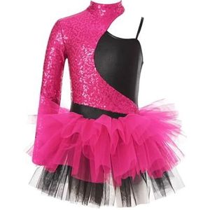 Turnpakje voor meisjes, jazzdanskostuums voor kinderen, turnpakje met glanzende pailletten, asymmetrische mouwen, danskleding van tule voor vertegenwoordiging