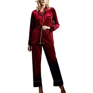 Pyjama Voor Dames, Tweedelig, Effen Fluwelen Nachthemd, Huidvriendelijke Knoop Nachtkleding,Red,Medium