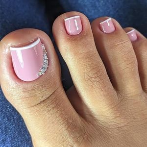 Korte valse teennagels met lijm - 24 stuks witte glinsterende Aurora-plaknagels - vierkante plaknagels(Pink)