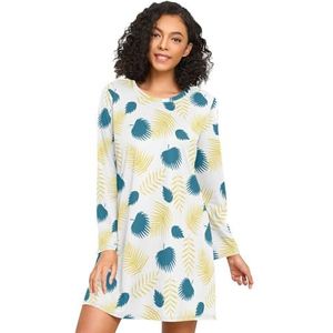 LI ZHI XIN Nachthemd voor dames, lange mouwen, nachthemd, nachthemden, slaapkleding, ronde hals, losse grote maten, nachtkleding, XXXL, tropische planten, bladeren, Meerkleurig, S