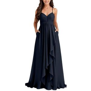 KURFACE Chiffon bruidsmeisjesjurk met split geplooide A-lijn bruidsmeisje formele avondjurk, Donkerblauw, 32