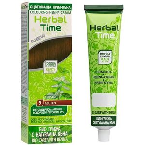 Herbal Time Henna voor haar, natuurlijke kleurcrème, kastanje Nº5, dekt grijs af, tijdelijke kleuring, zonder ammoniak, sulfaten en parabenen, 75 ml