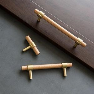 KGUDINZI Natuurlijk hout+messing T bar deurgrepen Amerikaanse stijl meubels houten handvat lade trekt keukenkast knoppen en handgrepen 1 stuk (kleur: beuken, maat: 160 mm 6 stuks)