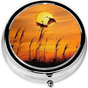 Stijlvolle ronde pillendoos flamingo zonsondergang metalen pillendoos 3 compartimenten geneeskunde pillenetui houder, draagbare pillenorganizer doseerdoos, kleine pillendoos voor reizen voor
