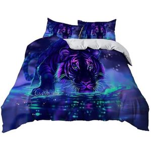 YBRAVO Blauw Paars Dekbedovertrek 140x200 cm Dier Tijger Nacht Beddengoed Set 3D Gedrukt Microvezel Dekbedset met Dekbedovertrek en 2 Kussenslopen voor Volwassenen Tiener Kinderen