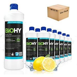 BiOHY Glas- en oppervlaktereiniger (12 x 1l Fles) | Alcoholreinigerconcentraat | Intensief & duurzaam reinigingsmiddel voor verkoopautomaten (Oberflächenreiniger)