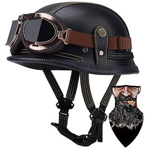 DIRERTYS Motorfiets Halve Helm - Pothelm, Duitse Stijl, Leren DOT/ECE Goedgekeurde Cap, Retro Open Gezicht Met Bril en Verstelbare Snelsluiting, L 57-60 cm