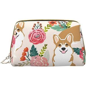 OPSREY Glimlach Roze Varken Gedrukt Lederen Cosmetische Case Draagbare Reizen Cosmetische Zak Toilettas Opbergtas, Corgi Bloemen Bloemen, Eén maat