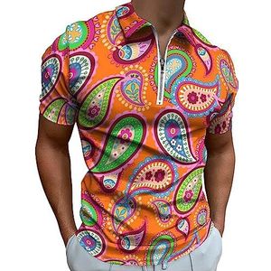 Little Bright Paisley Print Polo Shirt voor Mannen Casual Rits Kraag T-shirts Golf Tops Slim Fit