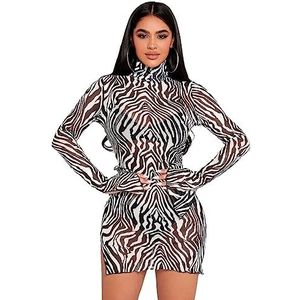 jurken voor dames Zebra gestreepte hoogsluitende mesh bodycon-jurk zonder lingerie (Color : Multicolore, Size : XS)