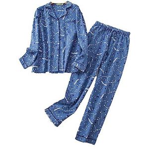 Pyjama-set voor dames, flanel, katoen, comfortabel, lange mouwen, hemd en broek, Blauw-1., L