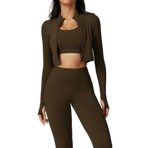 PLGMAUYT shapewear 3pcs Yoga Set Women Workout Sets Sportswear Fitness Zipper Long Sleeve High Waist Leggings Sports Suits-jiaocha Coffee_a-xl