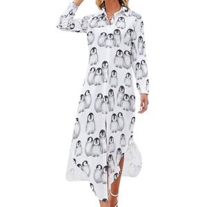 Schattige pinguïns winter dieren dames maxi-jurk lange mouwen knopen shirt jurk casual feest lange jurken XL