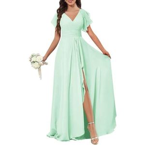 Chiffon galajurken met spleetplooien, bruidsmeisjesjurken voor bruiloft, cocktailjurk, grote maten, mintgroen, 36