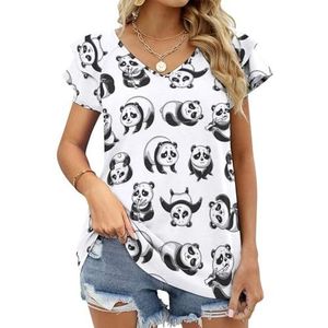 Cartoon Panda's Grafische Blouse Top Voor Vrouwen V-hals Tuniek Top Korte Mouw Volant T-shirt Grappig