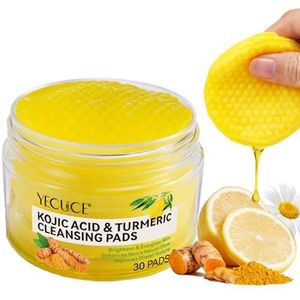 Kojic Zuur en Kurkuma Reinigingspads, 30 stuks exfoliërende gezichtspads voor het reinigen van katoen, kurkuma pad - exfoliërende, acnelittekens, ontstoppen poriën met kamille, citroen, kurkuma