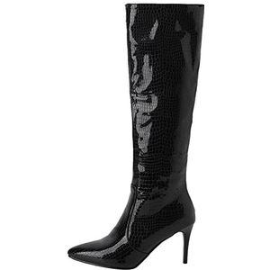 Onewus Elegante dijbeenlaarzen voor dames met stiletto-hakken en puntige kant voor feestjes, zwart 3, 34 EU