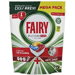 Fairy Platinum Vaatwastabs Plus, glansspoelmiddel, 38 capsules, citroen, dieptereinigingstechnologie met glanseffect, tegen vet/hardnekkige korstvorming