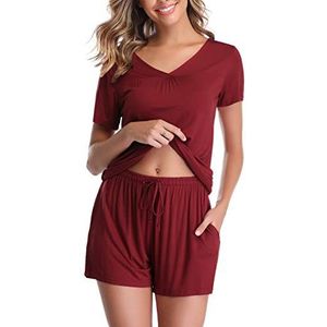 Vlazom Pyjama’s voor Dames V-Neck Zacht Nachtkleding Zomer Pyjama Set Korte Korte Mouw Loungewear met Zakken Trekkoord