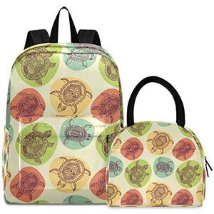 Kleurrijke zeeschildpad boekentas lunchpakket set schouderrugzak boekentas kinderrugzak geïsoleerde lunchbox-tas voor meisjes jongens, Patroon., Medium