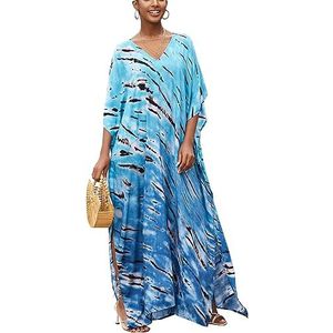 LikeJump Kaftan voor dames, katoen, print, kimono, bedekkende losse strandjurk, maxi-jurk, Blauw 4, one size