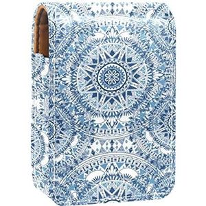 Make-up Lipstick Case voor Buiten Blauw Boho Patroon Stijl Grafisch Draagbare Lippenstift Organizer met Spiegel Dames Mini Make-up Tas Neemt Tot 3 Lippenstift