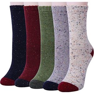 YSense Sokken voor dames, van wol, wintersokken, 5 paar, ademende, zachte, dikke sokken met vrolijke kleuren, premium kwaliteit, met klimaatregulerende werking, herbruikbaar, 6-grijs / beige / groen / rood / zwart, 35/40 EU