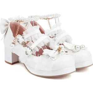 Schattige Lolita-schoenen voor dames met parels, veters, kant, enkelriem, lakleer, Mary Jane, platform, dikke hak, feeststrikpumps, wit, 36 EU