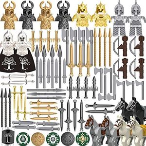 HEDI Middeleeuwse wapenset, helm, uitrusting, slachtross, compatibel met Lego minifiguren, Lego soldaten