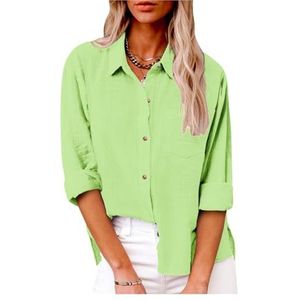 Dames katoenen linnen button-down overhemd 2024 lente casual effen kleur shirts met lange mouwen losse werktops met zakken(Color:Yellow-Green,Size:5XL)