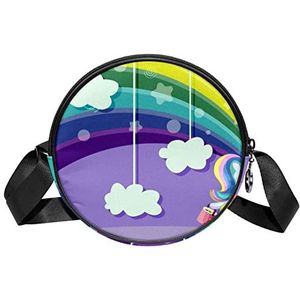 Ronde Crossbody Tas Messenger Purse Voor Vrouwen Magic Rainbow Cartoon Eenhoorn Wolken, Meerkleurig, 6.7x6.7x2.3 in, Sling Rugzakken