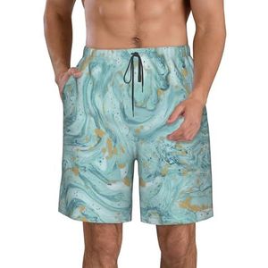 Gele Draak Zwarte Achtergrond Print Heren Zwemplank Shorts Zwembroek Trunks Badmode Sneldrogende Surfen Strand Essentiële Zomer, Azurite Teal en Folie Goud Olie Marmer Patroon, M