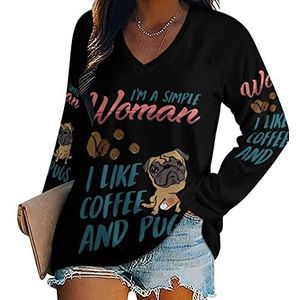 I Love Coffee Pugs Nieuwigheid Vrouwen Blouse Tops V-hals Tshirt Voor Legging Lange Mouw Casual Trui