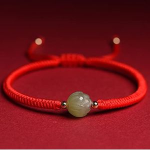 Dames armband, jongens armband Handgemaakte rode draadarmband Tian Jade Lotus bedelarmband Talisman steen zwart verstelbare geluksarmband gevlochten geweven armband for dames heren, rood, klein (Colo