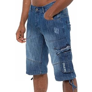 989Zé ENZO Heren Shorts EZS404 Raw Combat Cargo Zakken Casual Knielengte Denim Half Broek, Blauw, 34W